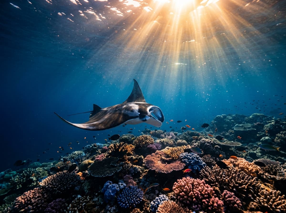 Day 1 Submerge — Deep ocean immersion with sunbeams and manta ray
