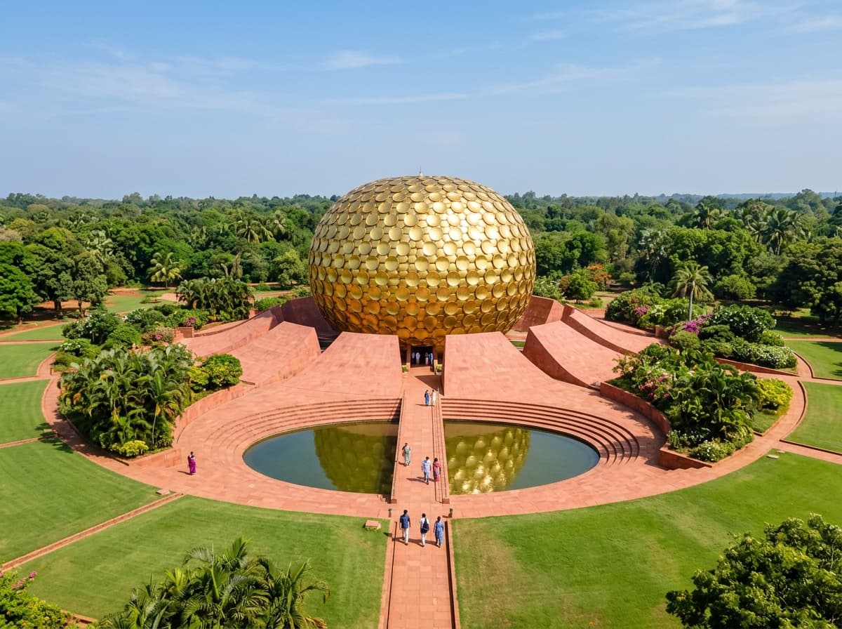 Day 2 Merge — Matrimandir sphere of Auroville in lush tropical canopy